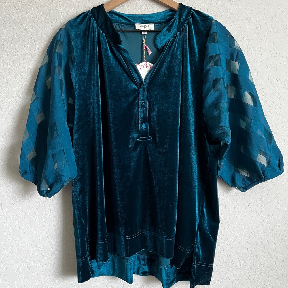Umgee Teal Velvet Tunic with Sheer Check Puff Sleeves S NWT